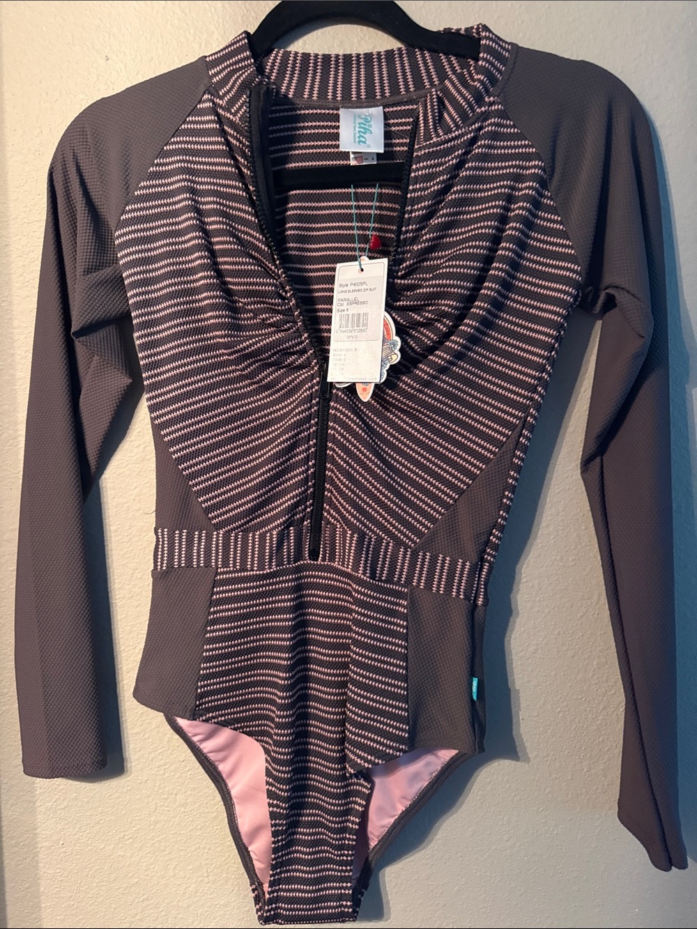 Piha Swimwear Long Sleeve One-Piece Bodysuit in Brown and Pink by